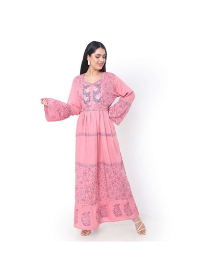 Buy EMBROIDERED AND PRINTED WITH BELT LONG VISCOSE ARABIC JALABIYA DRESS in UAE