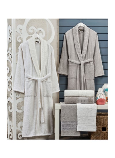 Buy 6-Piece Turkish Terry Cotton Jacquard Family Bathrobe Set 420 GSM with Matching Bath Towels and Hand Towels in Gift Box Grey/Off White in UAE