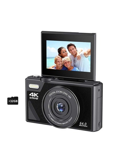 اشتري 64MP Digital Camera for Photography and Video: 4K Vlogging Camera for YouTube with 3'' Flip Screen and 32GB TF Card, 16X Digital Zoom Digital Camera for Gift (Black) في الامارات