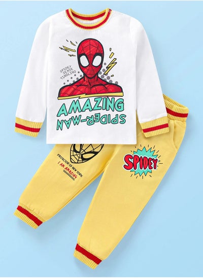 اشتري Babyhug Marvel Cotton Knit Full Sleeves T-Shirt & Joggers Set With Spider Man Graphics - White & Yellow(12-24M&2-6Y) في الامارات