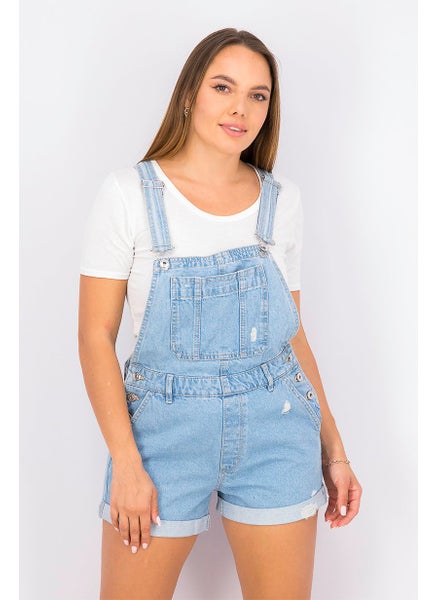 Buy Women Dungaree Style Ripped Denim Shorts, Denim Blue in Saudi Arabia