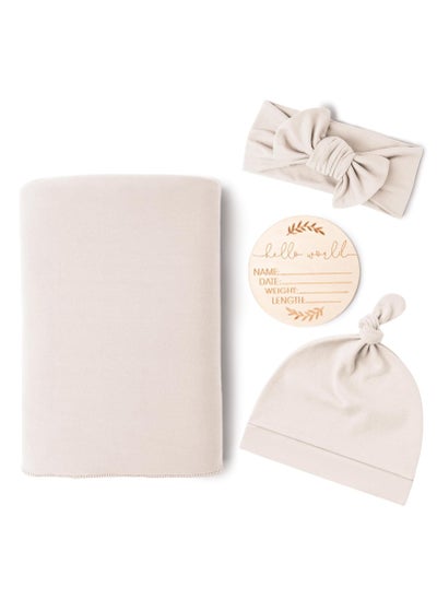 اشتري 4Pcs Receiving Blanket, Baby Newborn Receiving Blanket, Cotton Knit Baby Wrap, with Matching Headband and Beanie Set, Baby Swaddle, Nursery Swaddle Wrap, Breathable & Soft Thin Baby Blanket, Beige في الامارات