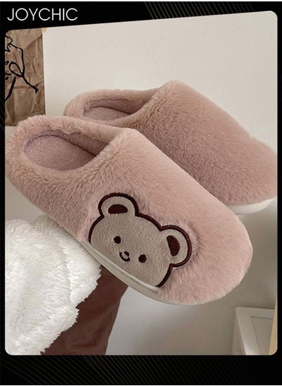 Buy Lovely Bear Design Female Cotton Slippers  Autumn And Winter Home Indoor Non-Slip Thick Comfot Soft Bottom Warm Bedroom Slippers for Women Pink in Saudi Arabia