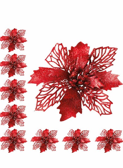 Buy Glitter Poinsettia Flowers Artificial, 10 Pcs Red Decorations Tree Ornaments for Holiday/Seasonal/Wedding Party Wreath DIY Decors in UAE