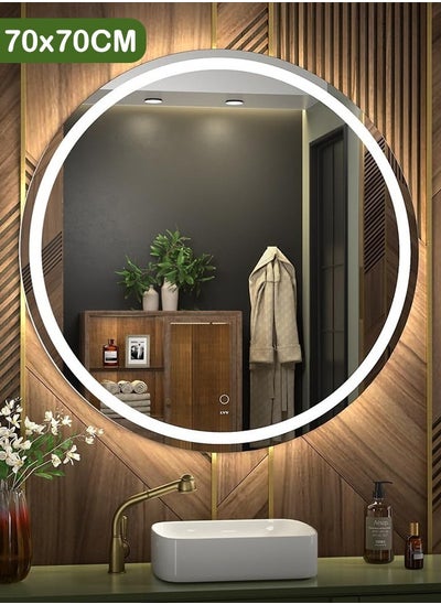 اشتري Modern LED Round Bathroom Vanity Mirror, Color Temperature Adjustable,  Easy to Install, Wall Mounted Makeup Mirror with Smart Touch Button And Black Frame Size70*70CM في السعودية