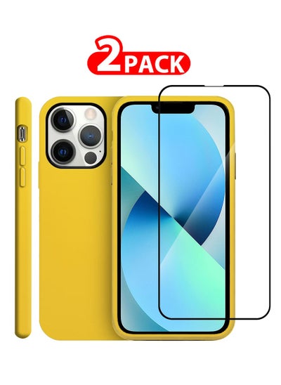 Buy 2 Packs For iPhone 13 Pro Case and Screen Protector Noble Collection Genuine Leather Case Wireless Charging Compatible Full Coverage Cover Yellow in UAE