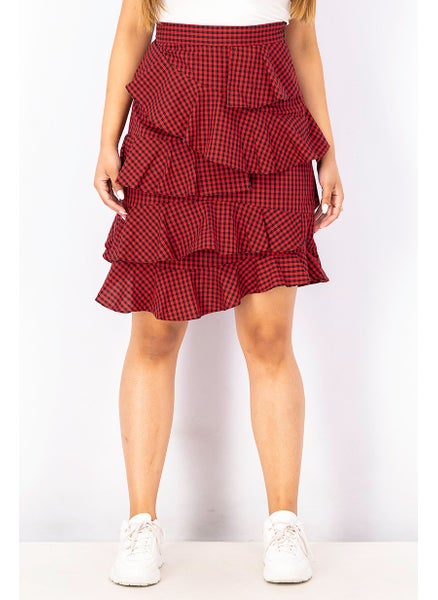 Buy Women Checkered Tiered Mini Skirt, Red/Black in UAE