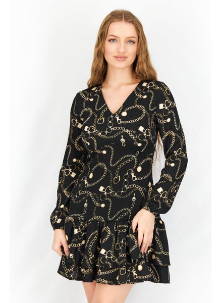 اشتري Women V-Neck Allover Print Long Sleeve Mini Dress, Black Combo في السعودية