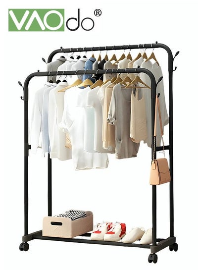 اشتري Garment Rack with Rollers Large Space for Drying Stainless Steel Clothes Rack Easy Installation with Shoe Rack Black في السعودية