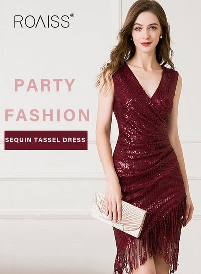 Buy Banquet Party Dress for Women Evening Dresses V Neck Sequins Knee-Length Sleeveless Prom Ball Gown Wedding Elegant Slim Formal Dresses Bridesmaid Dress in UAE
