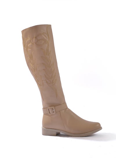 Buy Knee-High Flat Leather LB-26 - Beige in Egypt