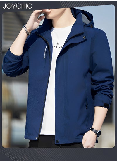 Buy Solid Pattern Spring and Autumn Men's Jacket Hooded Casual Sports Windproof Zipper Coat with Cap Outdoor Blue in UAE