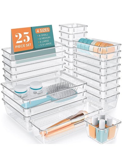 Buy 25 PCS Clear Plastic Drawer Organizer Set, 4 Sizes Desk Drawer Divider Organizers and Storage Bins for Makeup, Jewelry, Gadgets for Kitchen, Bedroom, Bathroom, Office in Saudi Arabia