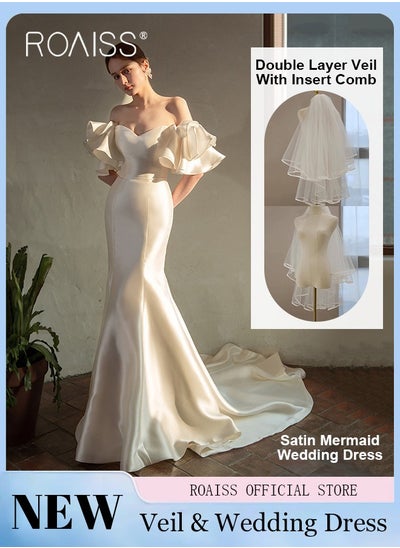 Buy Satin Tube Top Wedding Dress for Women Elegant Slim Fit Waisted Fishtail Gown Ladies Light Bridal Welcome Dresses with Veil in UAE