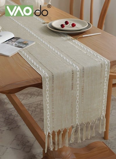 Buy Simple Table Runner Imitation Cotton and Linen Material Home Decoration with Tassel Table Mat Suitable For Tea Table Long Table Decorative Cloth Beige 33*183cm in UAE