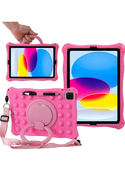 Buy Case for iPad 10th Generation Case 10.9 Inch 2022 Rotating Handle Kickstand Silicone Shockproof Cover with Shoulder Strap & Pencil Holder & Stylus, Pink in Saudi Arabia