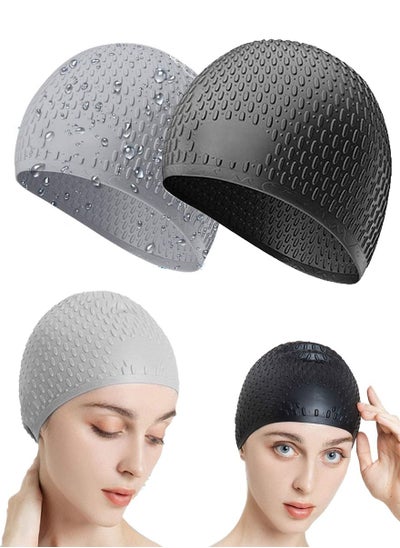 Buy Pack Of 2 Silicone Swim Cap, 3D Ergonomic Beautiful Design for Men, Girls, Ideal for Curly Short Medium Long Hair, Protecting Hair from Chlorine, Bacteria, Sand in the Water, Odorless And Comfortable in Saudi Arabia