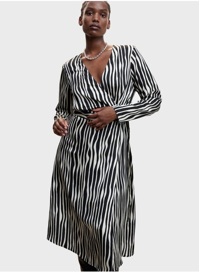 Buy Striped Surplice Neck Belted Dress in UAE