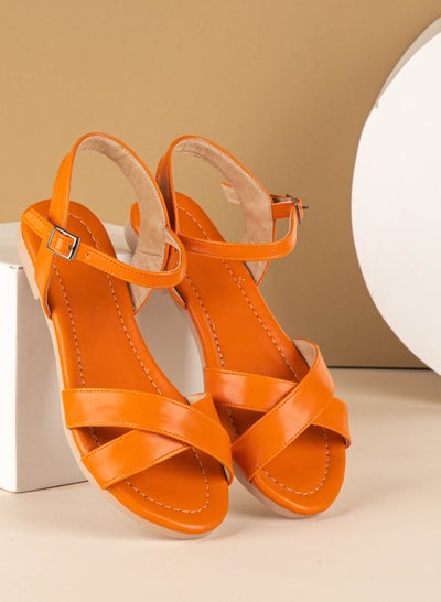 Buy X Leather Flat Sandals- Orang in Egypt