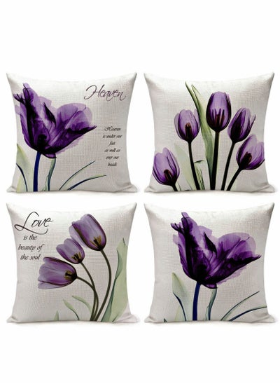 اشتري Cushion Covers Throw Pillow Set of 4, Purple Flower Pattern for Home Sofa Art Living Room Outside Office Decorative with Durable Thick Linen Square 18 x18 inch 45x45cm في السعودية