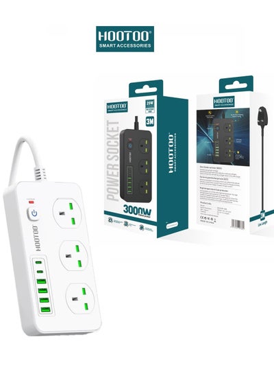 Buy Electrical Extension Socket 3000W with 3 way power socket and 4 USB Ports and 2 Type-C ports 20W PD. 3meter white from Hootoo in Saudi Arabia