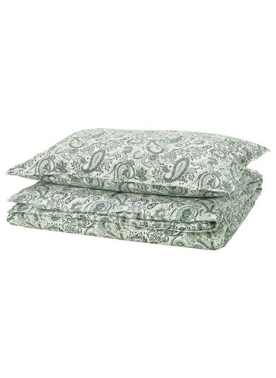 Buy Duvet Cover And Pillowcase Green/White 150X200/50X80 Cm in Saudi Arabia