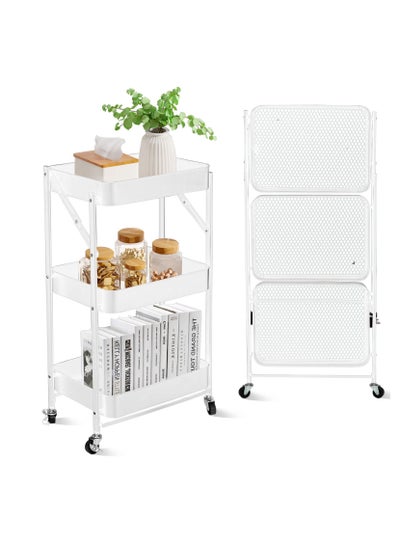 Buy 3 Tier Foldable Metal Rolling Utility Cart Organizer, 46x30x76cm Multipurpose Organizer Trolley with Casters for Kitchen, Bedroom, Bathroom, Office, Laundry Room, and Garage, White in UAE
