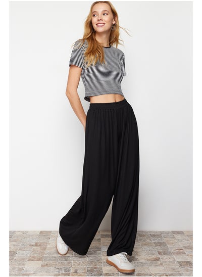 Buy Black Wide Leg Ribbed Flexible Knitted Trousers TWOSS24PL00075 in Egypt