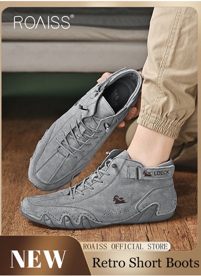 Buy Men’s Soft Leather Ankle Casual Loafers Lace-Up Anti Slip Walking Shoes Men's Tooling Style Martin Boots Men Casual Mid Top Leather Boots  Men's Boots Ankle Lace Up Casual Boots in Saudi Arabia