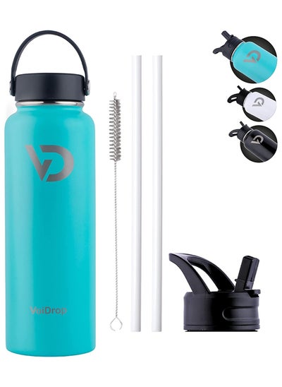 اشتري Thermos Bottle 1200ML Hot and Cold Beverages Bottle Wide Mouth Double Wall Insulated Hydration Sports Water Bottle Coldest Gym Bottles 1chug Lid 2 Straws and 1Brush Turquoise Blue 40oz في الامارات