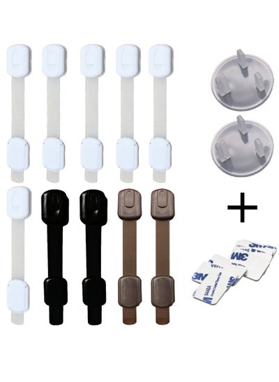 Buy Child Safety Strap Locks 10 Pieces,Baby Locks for Cabinets and Drawers, Toilet, Fridge & More, 3M Adhesive Pads, Easy Installation, Bonus 4 pcs 3M Sticker + 2pcs Plug Protector in UAE