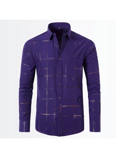 Buy Men's Stretch Shirt With Gold Stamping And Non Ironing Shirt Purple in Saudi Arabia