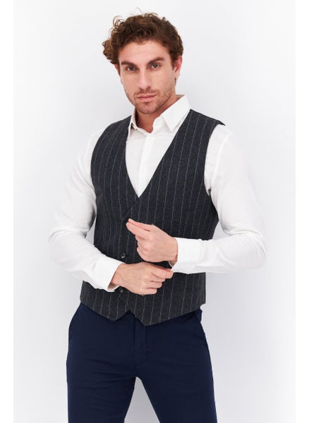 Buy Men Regular Fit Stripe Suit Vest, Grey/Black in UAE