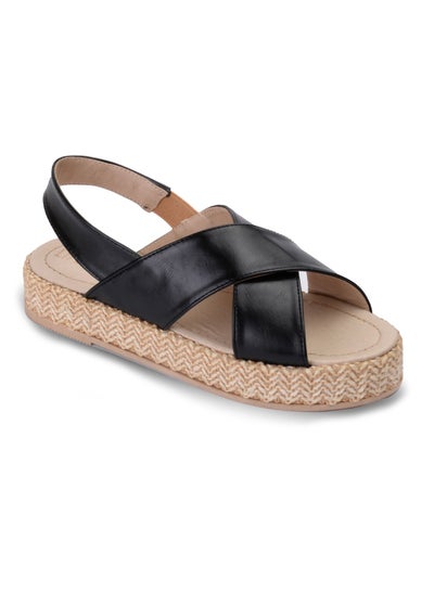 Buy Canvas Wrapped Leather Flat Sandal-Black in Egypt