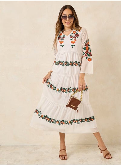 Buy Embroidered V Neck Tiered Midi Dress in Saudi Arabia