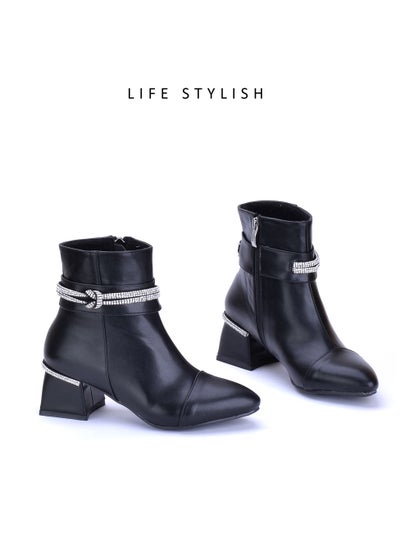 Buy R-5 Elegant Leather Heel Boot With Diamond Strip - Black in Egypt