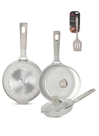 اشتري Frying Pan Set with Lid & Silicone Turner -Die Cast Aluminum Body With Multi Layer Granite Non-Stick Coating | 100% PFOA FREE | Heat-Resistant Handle Hanging Loop (20/24/28 CM, Light Grey) في الامارات