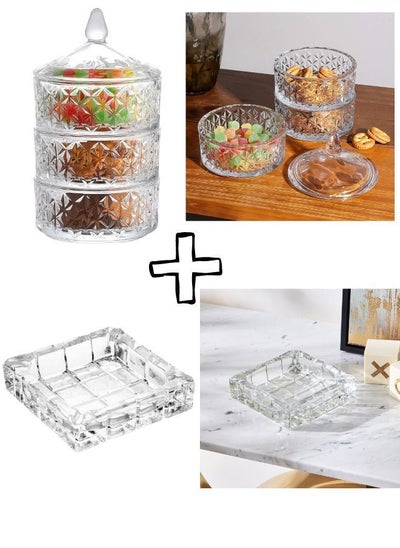 Buy Glass Candy Jars Set Of 3 Pieces and Crystal Glass Ashtray in Egypt