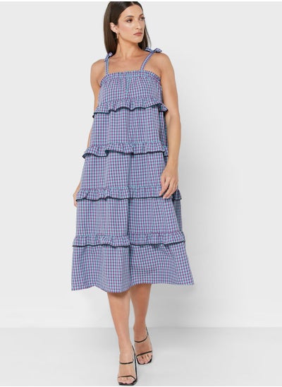 Buy Tie Shoulder Ruffle Detail Checked Dress in UAE