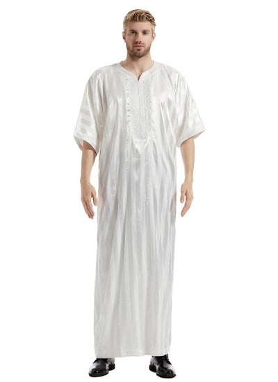 اشتري Men's Solid Color Short Sleeve Kandora Islamic Arabic Embroidery Kaftan Robe White في الامارات