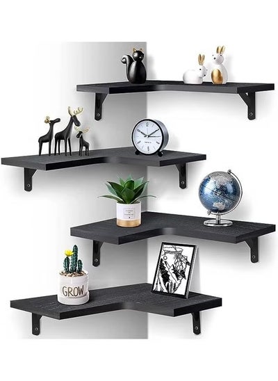 Buy Floating Corner Shelves for Wall Décor Storage, Wall Shelves Set of 4, Wall Mounted Wood Shelves for Home Decor, Bedroom, Living Room, Bathroom, Kitchen, Office (Black) in UAE