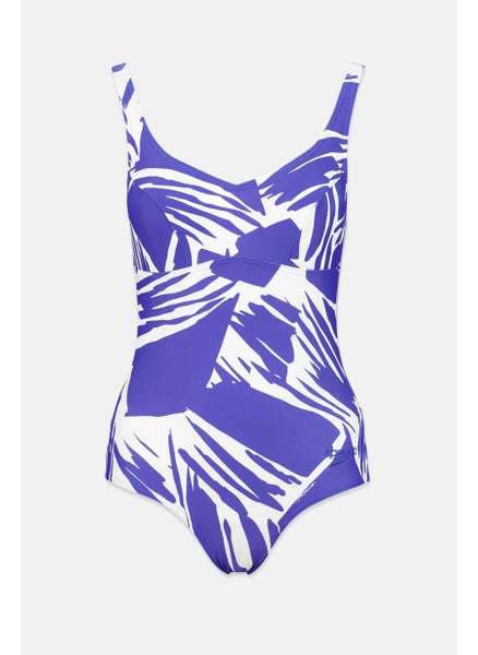 اشتري Women Padded Sleeveless Printed One Piece Swimsuit, Blue and White في السعودية