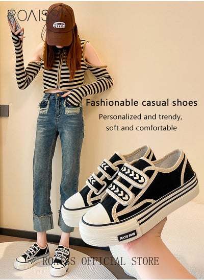 اشتري Platform Sole Canvas Shoes Lightweight and Breathable Velcro Closure Casual Cloth Shoes Solid Color في السعودية