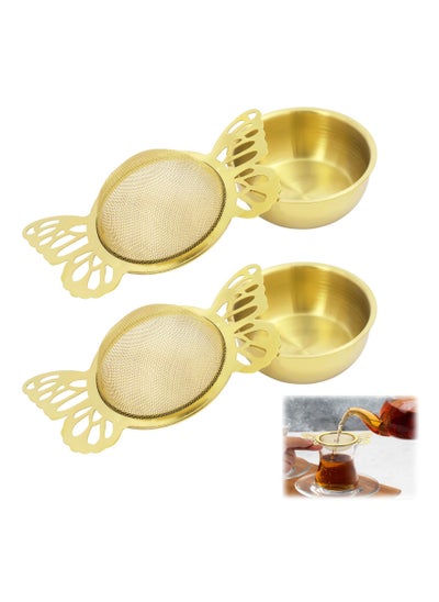 Buy 2 Pieces Tea Strainers with Drip Bowl Fine Mesh Stainless Steel Loose Leaf Tea Filter with Butterfly Handle Reusable Tea Interval Diffuser for Coffee Herbal Spice Juice Filter Gold in UAE