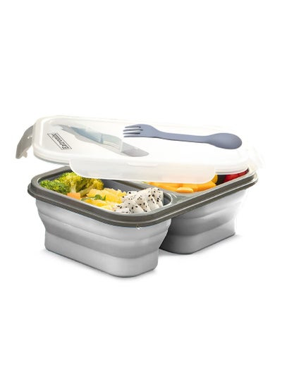 Buy Eatronix Lunch Box, Leakproof Bento Box for Kids Adults, Reusable & Collapsible Double Compartment Food Container with Double-Sided Fork & Spoon, Microwave & Dishwasher Safe - Grey in UAE