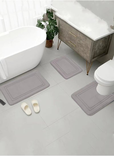 Buy 3-Pieces Bathroom Coral Velvet Floor Mat Suit Absorbent Anti-Slip Toilet Carpet Set Grey in UAE