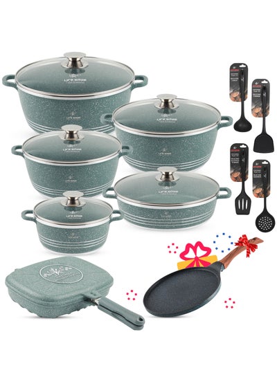 اشتري Cookware Set 17 pieces - Pots and Pans set Granite Non Stick Coating 100% PFOA FREE, Die Cast aluminum Cooking Set include Casseroles & Shallow Pot & Pancake Pan & Silicone Utensils في الامارات