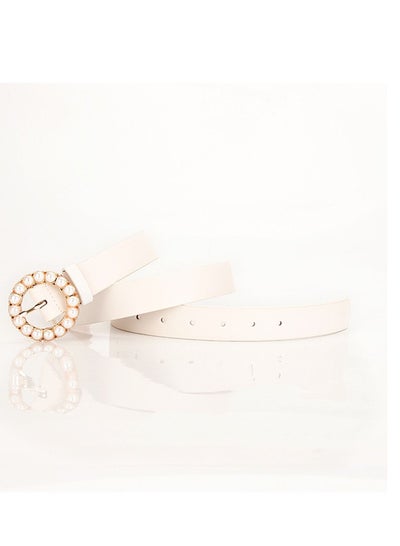Buy Elegant And Intelligent Ladies Trend Round Pearl Pin Buckle Belt 105cm White in UAE