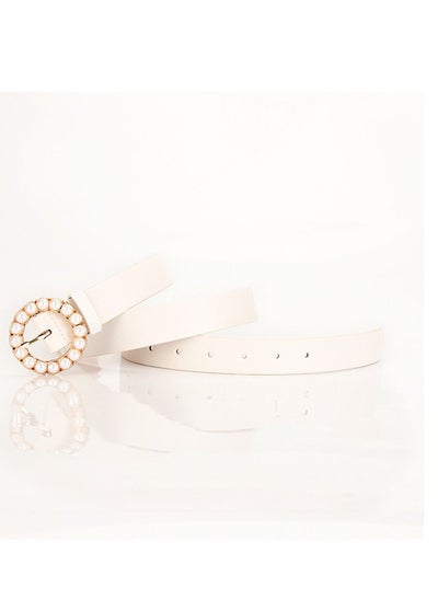 اشتري Elegant And Intelligent Ladies Trend Round Pearl Pin Buckle Belt 105cm White في الامارات