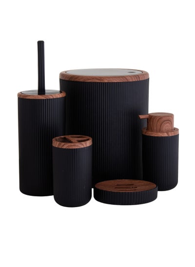 Buy Bathroom accessories set 5 pieces made of plastic black and wooden in Saudi Arabia